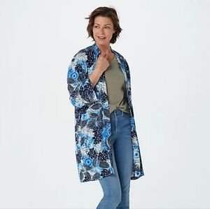 Attitudes by Renee Blue Tropical Floral Lounge Duster Small Petite NWT